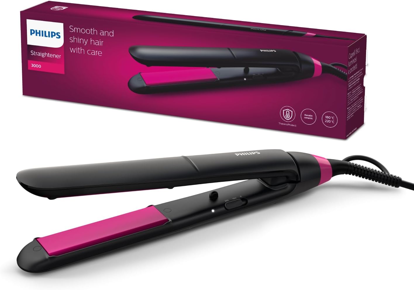 Detalle de Philips Cura dei Capelli BHS375/00: Piastra EssentialCare in Ceramica con Cheratina (180°–220°)