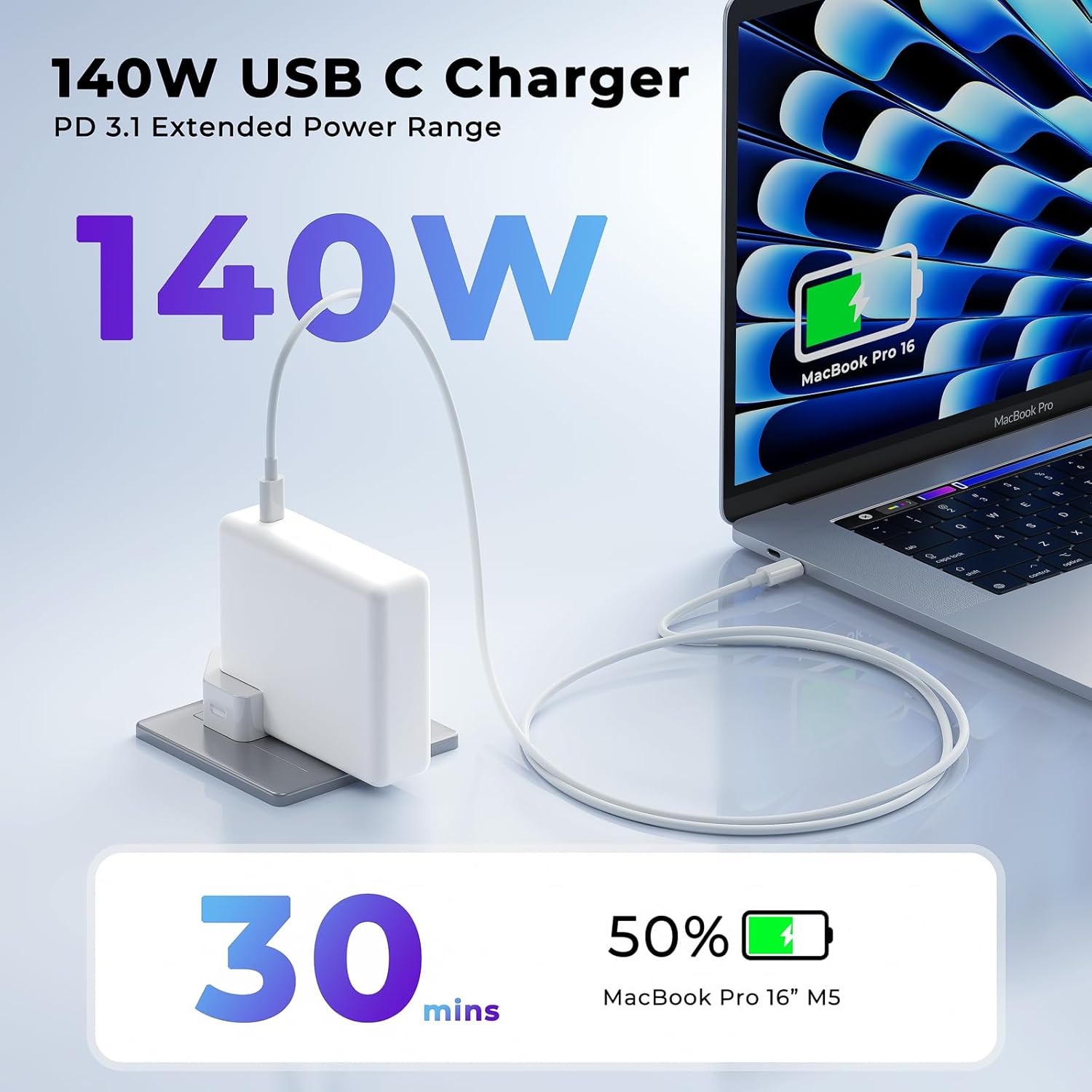 Thumbnail 1 de MacBook Pro 140W USB‑C PD 3.1 Fast Charging Adapter with 2m 5A USB‑C Cable (Replacement Charger)