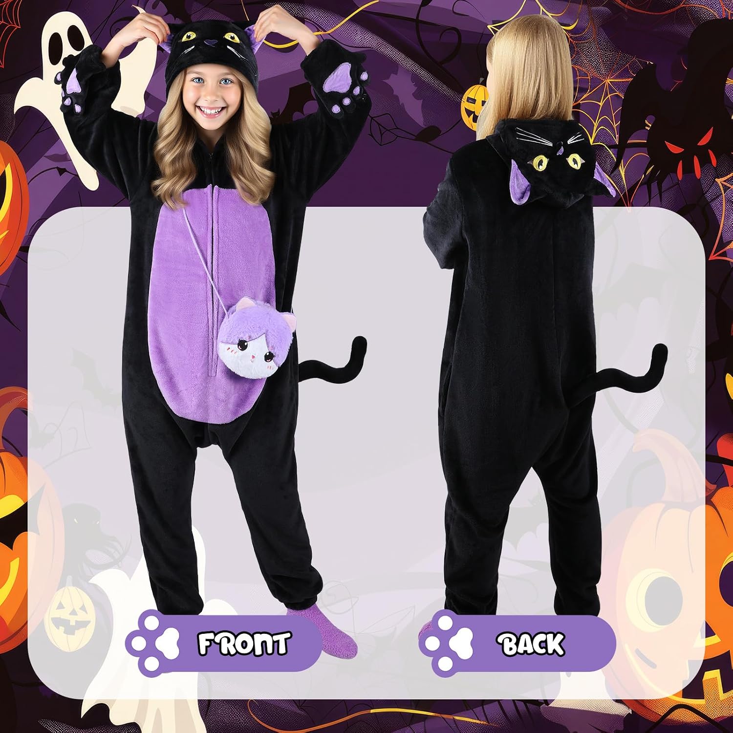 Thumbnail 5 de Joycover Black Cat Costume for Girls, Purple Onesie with Hood, Tail and Candy Bag