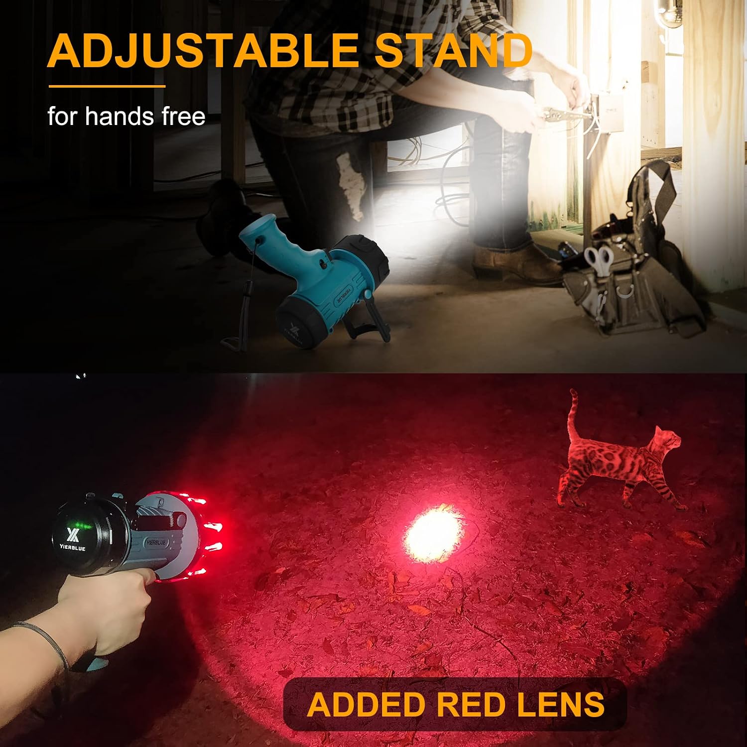 Detalle de YIERBLUE YBN-20000B Rechargeable Spotlight with Foldable Stand, Red Filter & IP67