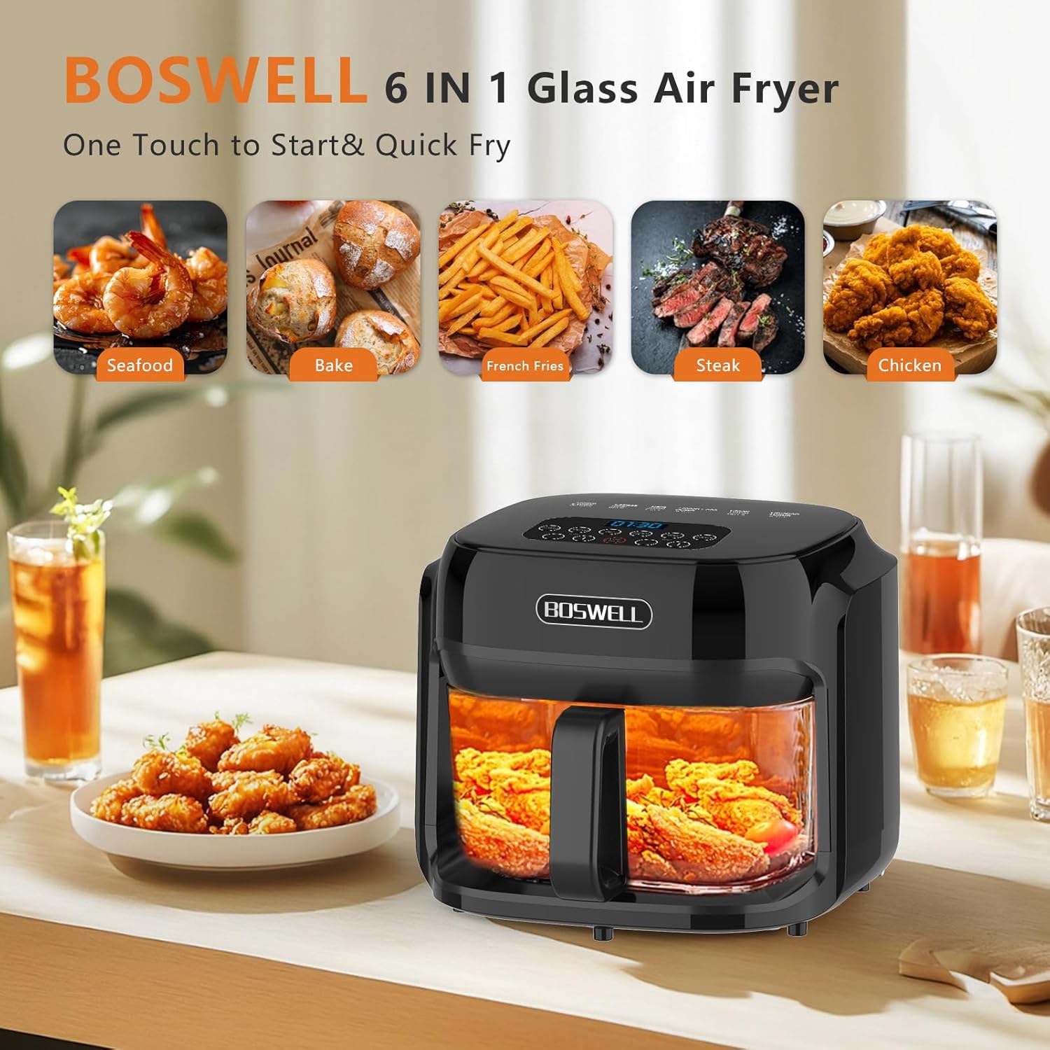 Thumbnail 1 de BOSWELL Glass Air Fryer (7.5QT) with Transparent Fry Bowl and 360° Hot Air Circulation