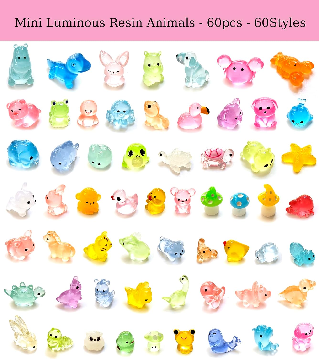 Detalle de POTWPOT Mini Resin Animals Figures (Set of 60) – Glow in the Dark, 60 Unique Styles for Mini Landscapes