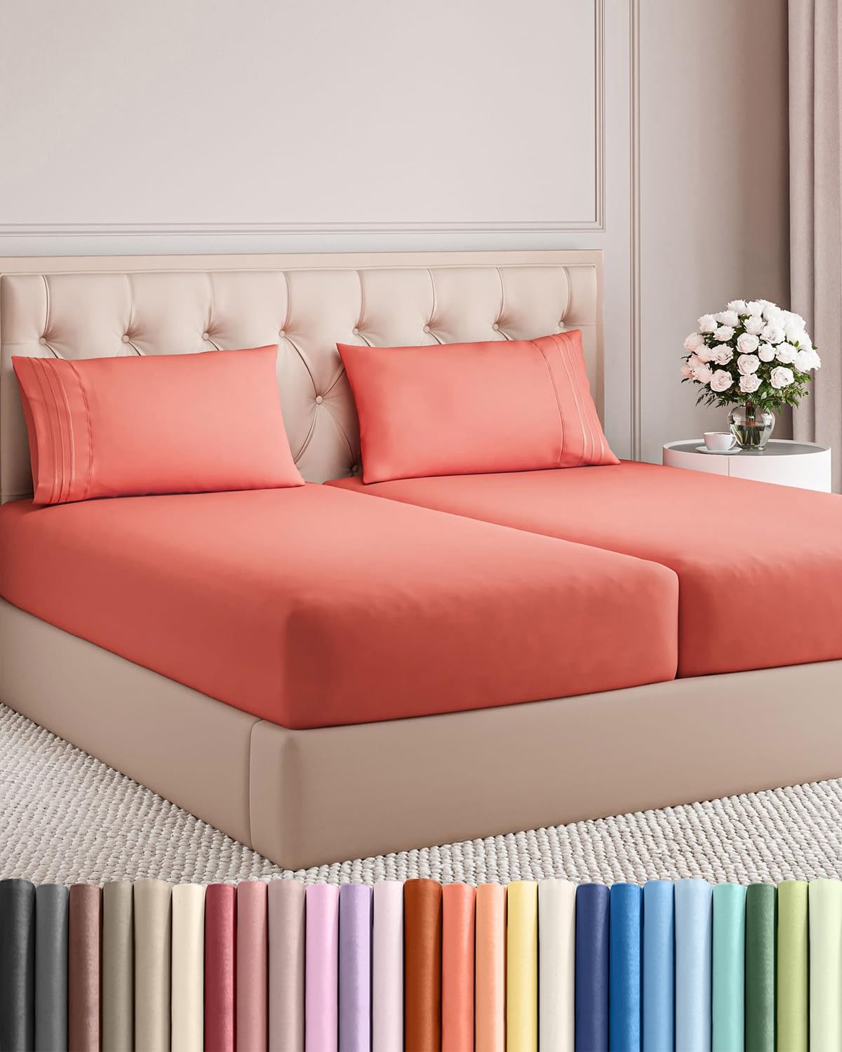 Detalle de CGK Unlimited Split King 5-Piece Sheet Set, Coral Microfibre with Deep Pockets