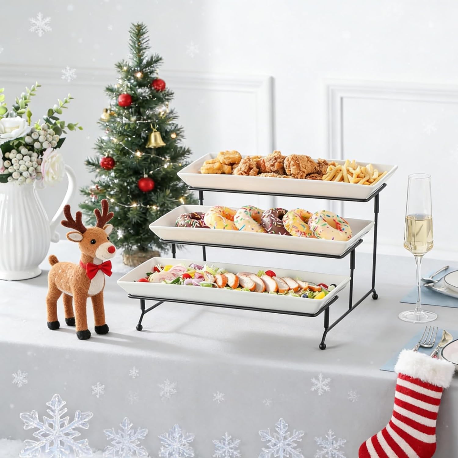 Detalle de MALACASA 3-Tier Serving Tray, Porcelain Tiered Cupcake Stand (White, 14 Inch)