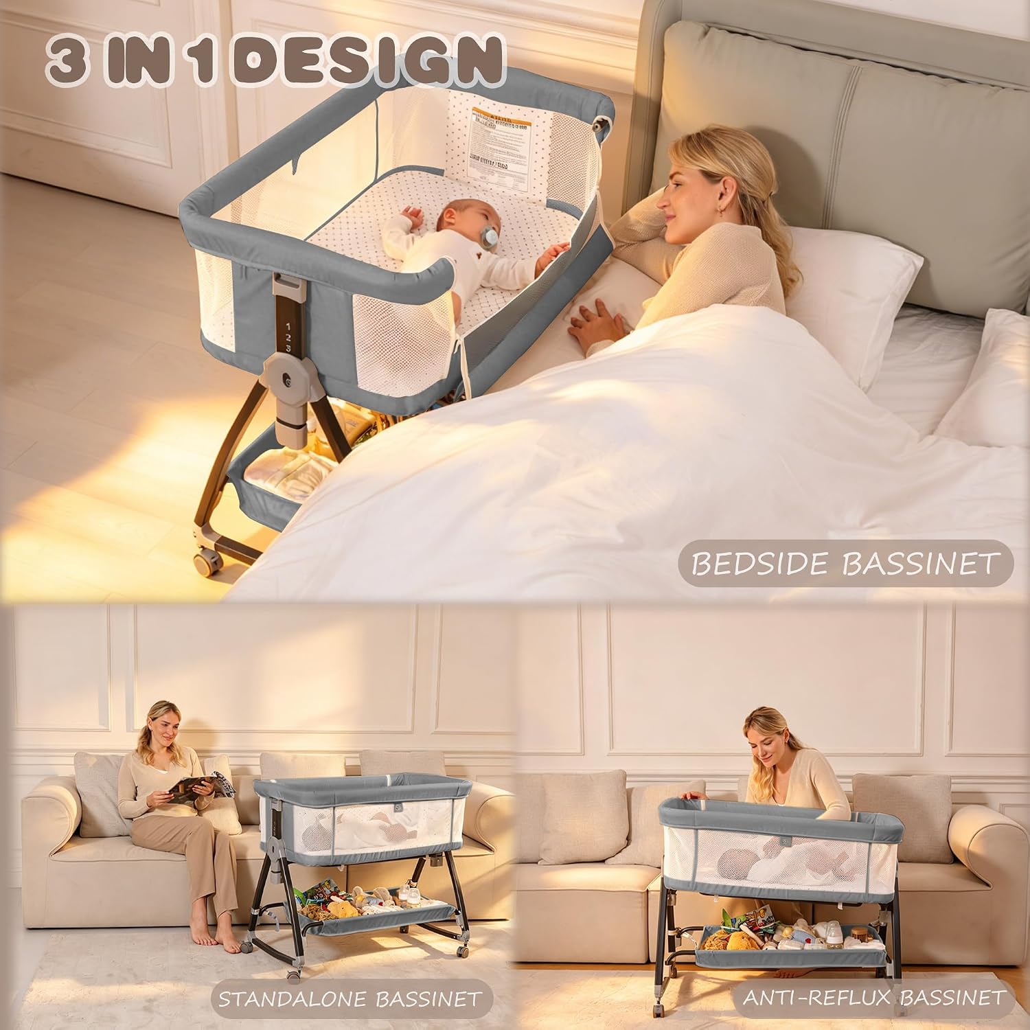 Detalle de feelogos BB-858 Bedside Bassinet with Adjustable Height and Breathable Mesh