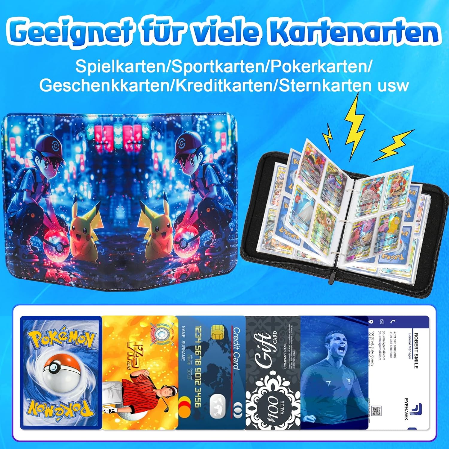 Detalle de LYAILOOGXL Pokémon Sammelalbum 400 Karten – 50 Seiten, 4 Fächer, wasserdichtes PU-Leder