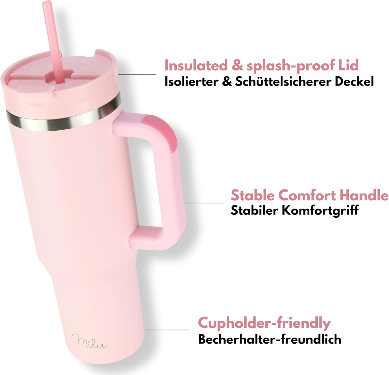 Detalle 2 de Milu Thermobecher 1,2L mit Strohhalm und Henkel – isolierter Edelstahl-Tumbler 40oz (Blossom Pink)