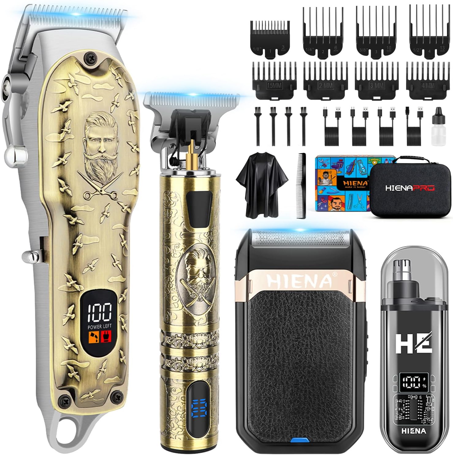 Detalle de HIENA PRO Tondeuse à cheveux professionnelle pour hommes – 4 en 1, kit sans fil rechargeable