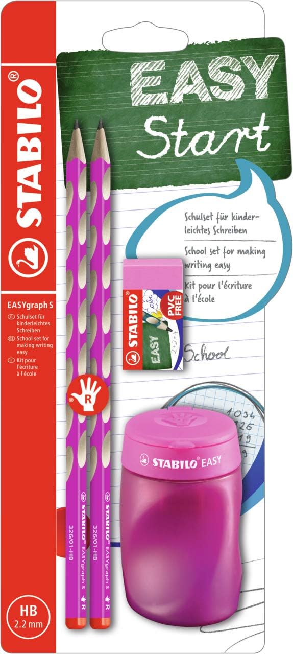 STABILO Schul-Set für Rechtshänder EASYgraph S in Pink – inkl. Spitzer + Radierer