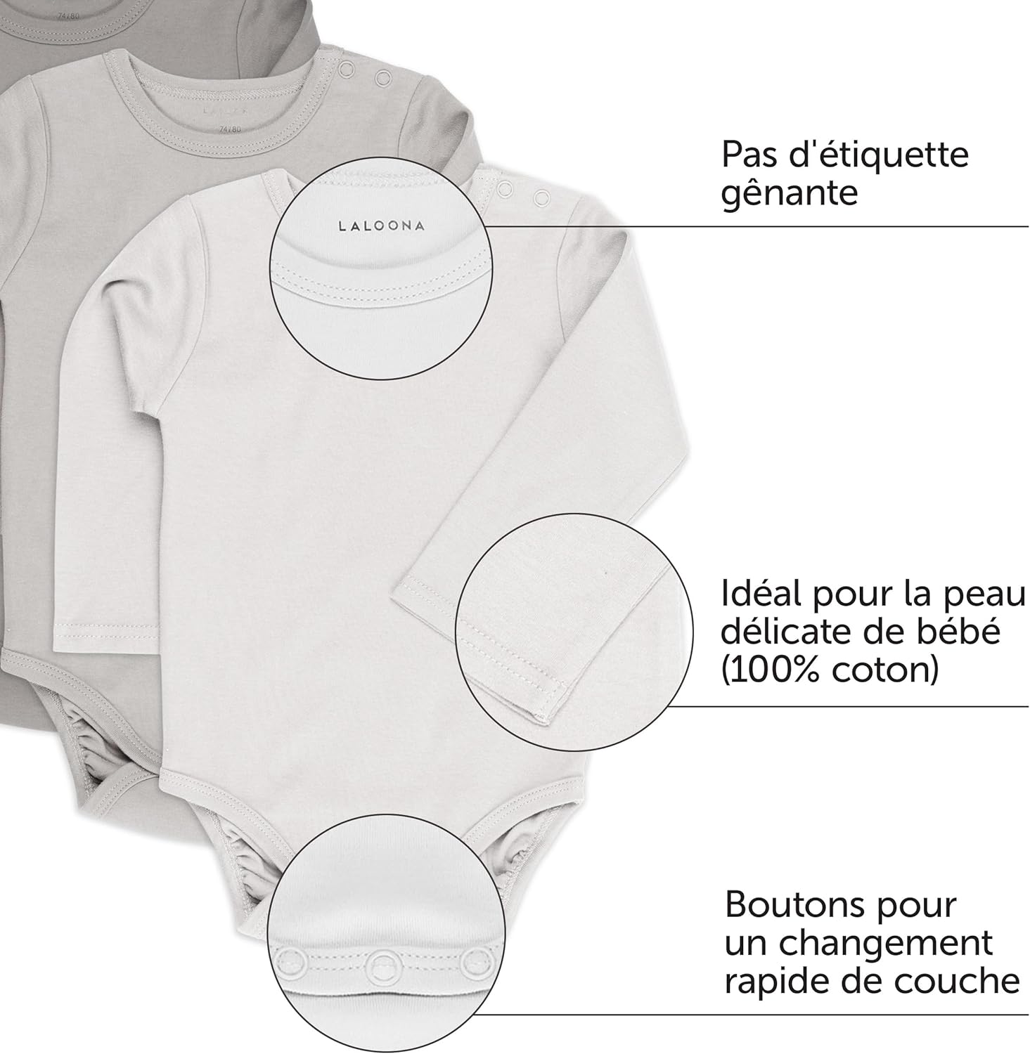 Thumbnail 1 de LaLoona Body Bébé à Manches Longues – Lot de 3 bodies 100% coton, boutons pression, testés Oeko-Tex 100