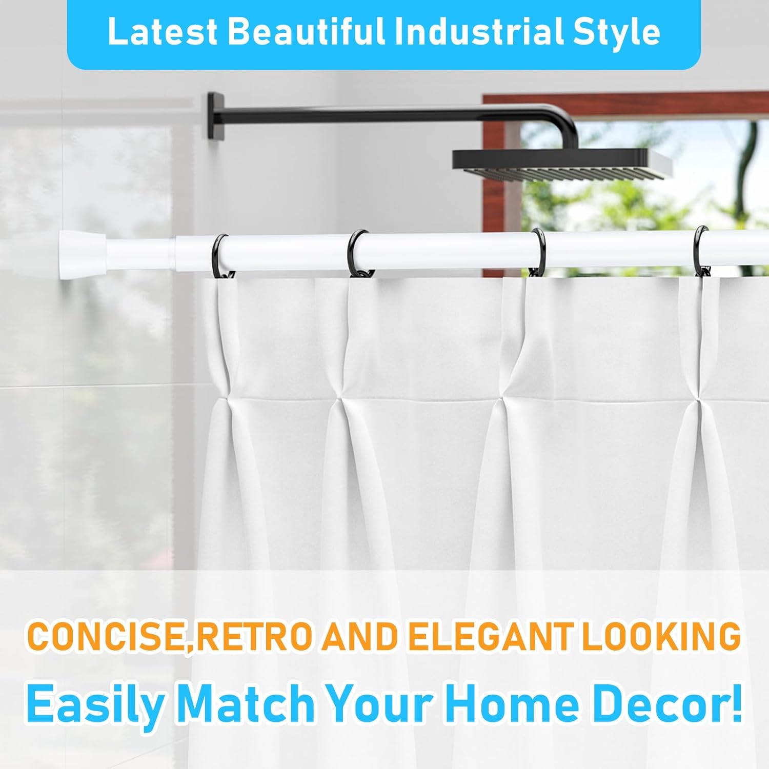 Thumbnail 4 de MEXAU Adjustable Shower Curtain Rod (45–77 inch) — White Tension Rod, No-Drill Fit