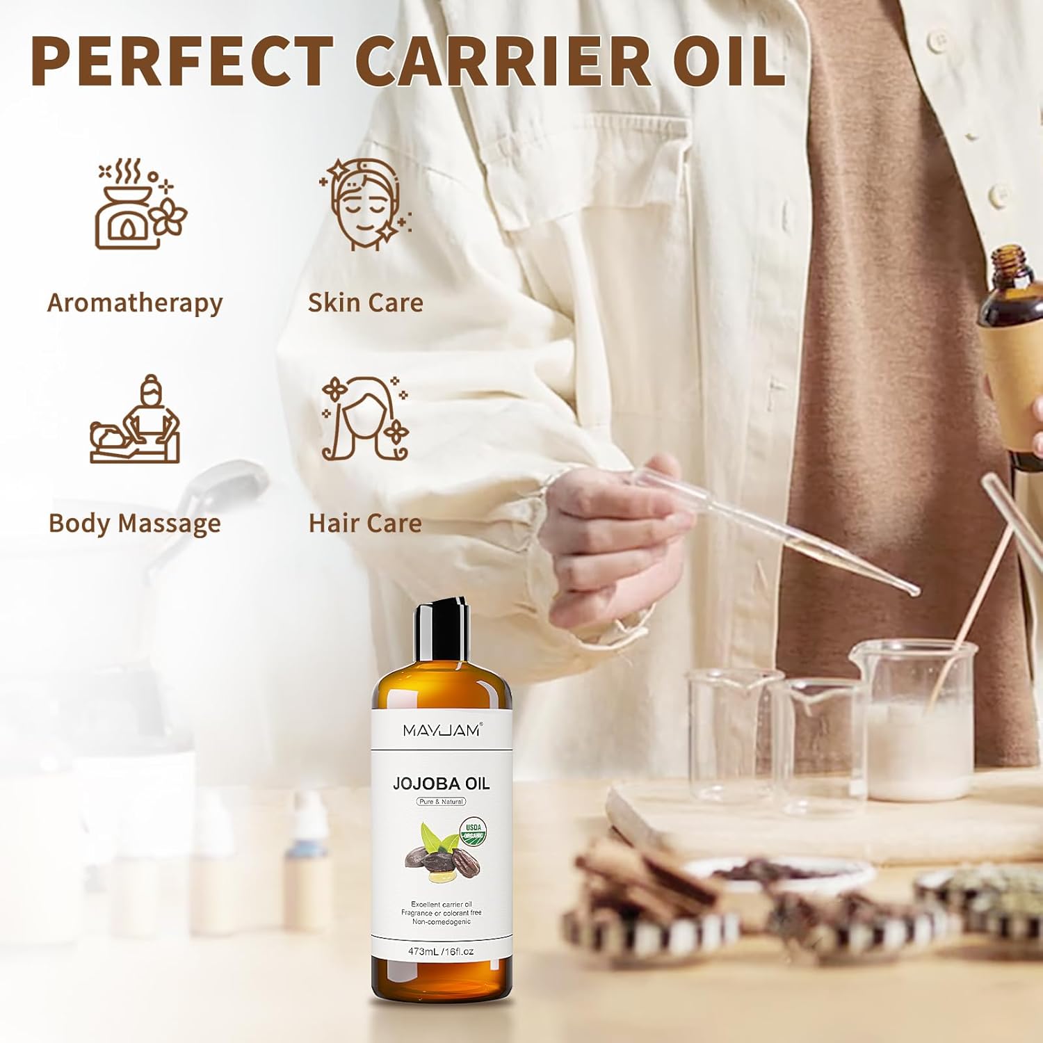 Detalle de MAYJAM Jojobaöl Bio 473 ml – Reines Jojobaöl, kaltgepresst, vielseitig für Haut, Haar und Körper