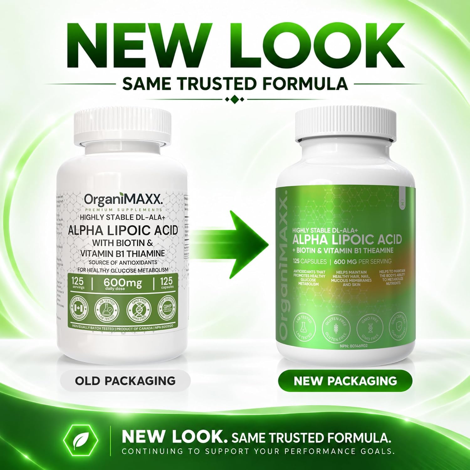 Detalle 2 de OrganiMAXX. Alpha Lipoic Acid 125, 600 mg Capsules with B1 and Biotin