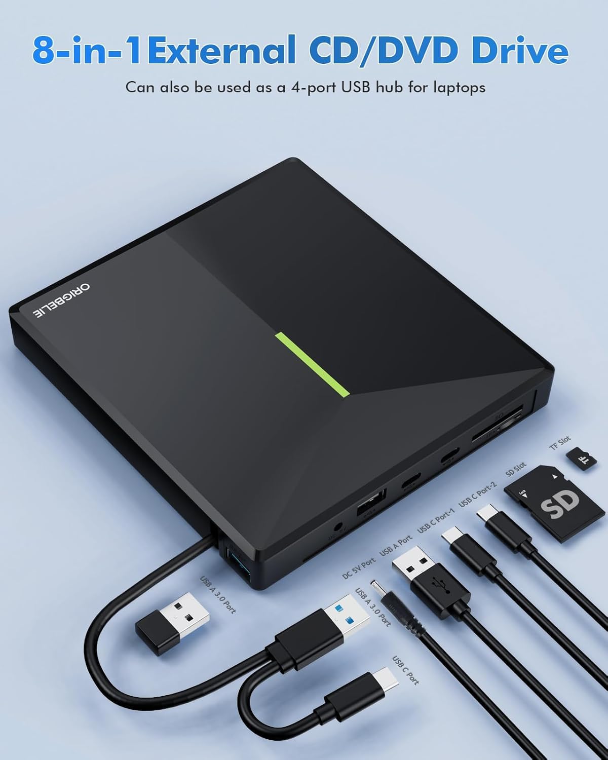 Detalle de ORIGBELIE TP888-NEW External CD/DVD Drive, USB 3.0 Hub and SD/TF Reader