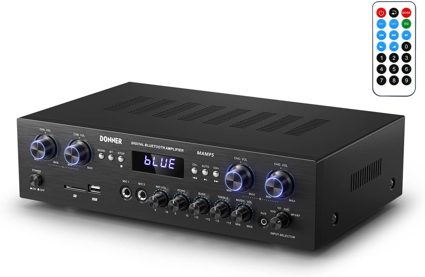 Detalle de Donner MAMP5 4-Channel Stereo Amplifier with Bluetooth 5.0 and Dual Mic Inputs