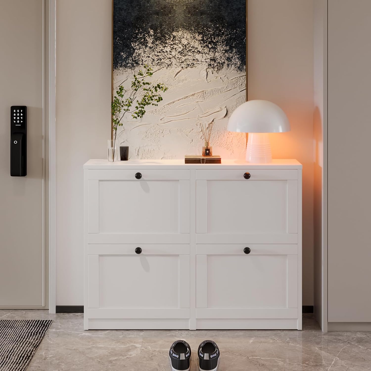 Detalle de VOWNER Scarpiera Slim: Scarpiera Portascarpe in Legno a 4 Cassetti, 105x80x24 cm, Bianco