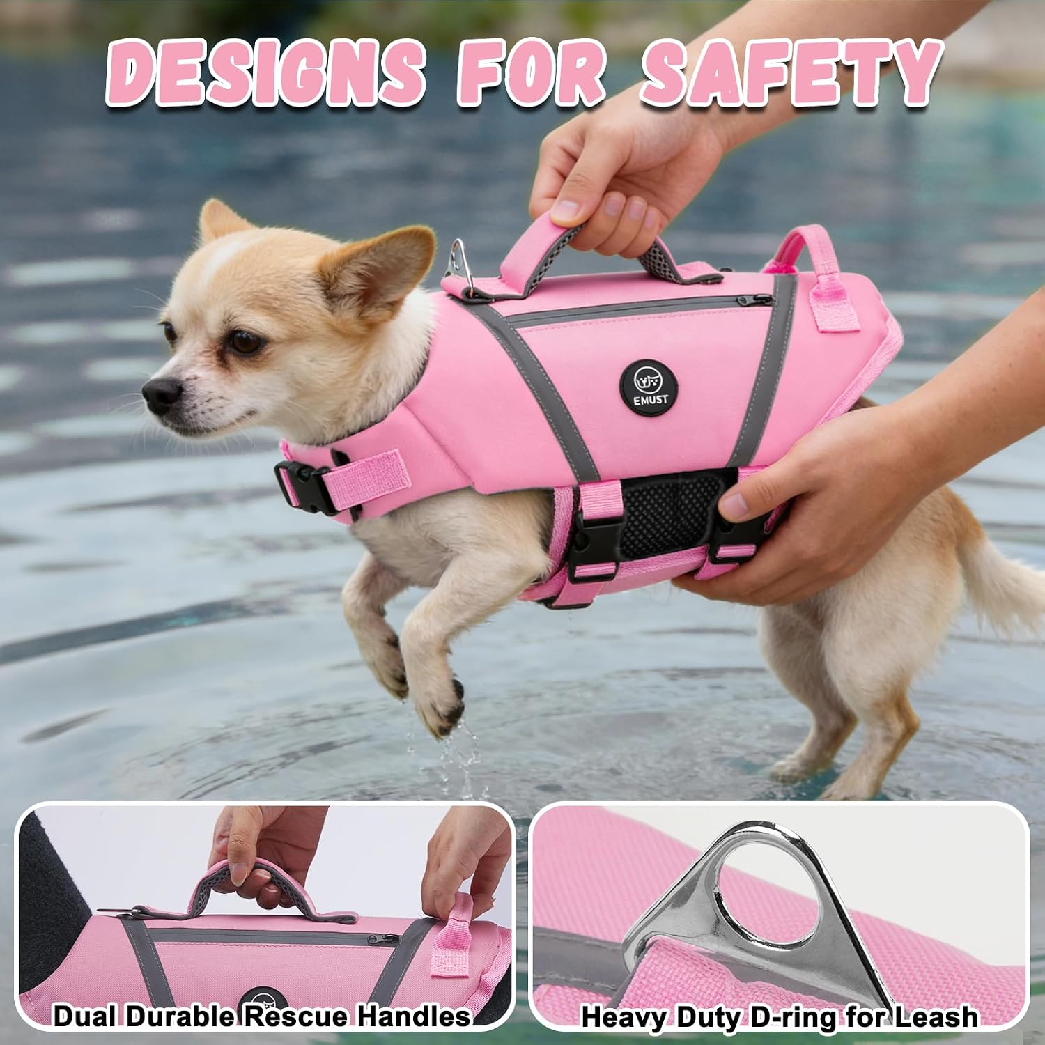 Detalle de EMUST Dog Flotation Vest – high-visibility dog life jacket with adjustable straps (SakuraPink, L)