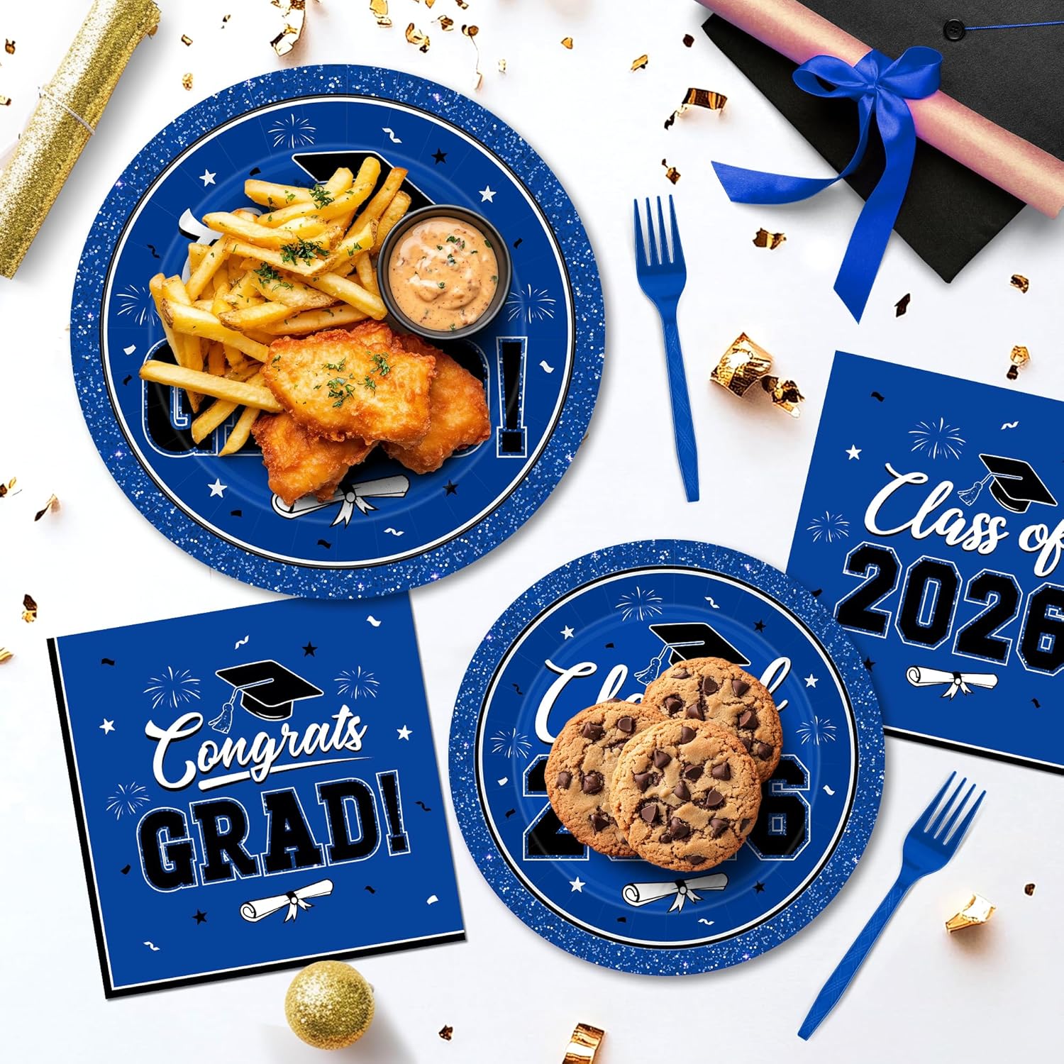 Detalle de 200-Piece 2026 Graduation Decorations Set (Blue Plates, Napkins & Forks) for 50 Guests