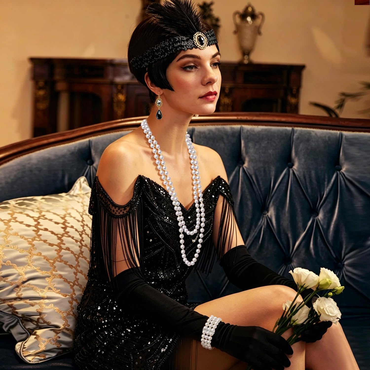 Thumbnail 6 de FASOTY Flapper Accessories Set with Satin Gloves