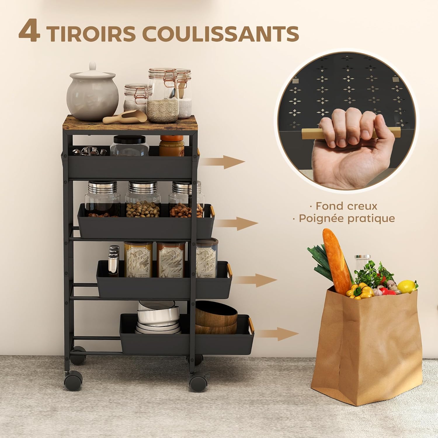 Detalle de HOMCOM Desserte Cuisine 5 Niveaux – Chariot de Service à roulettes, 4 tiroirs, étagère de Rangement, noir