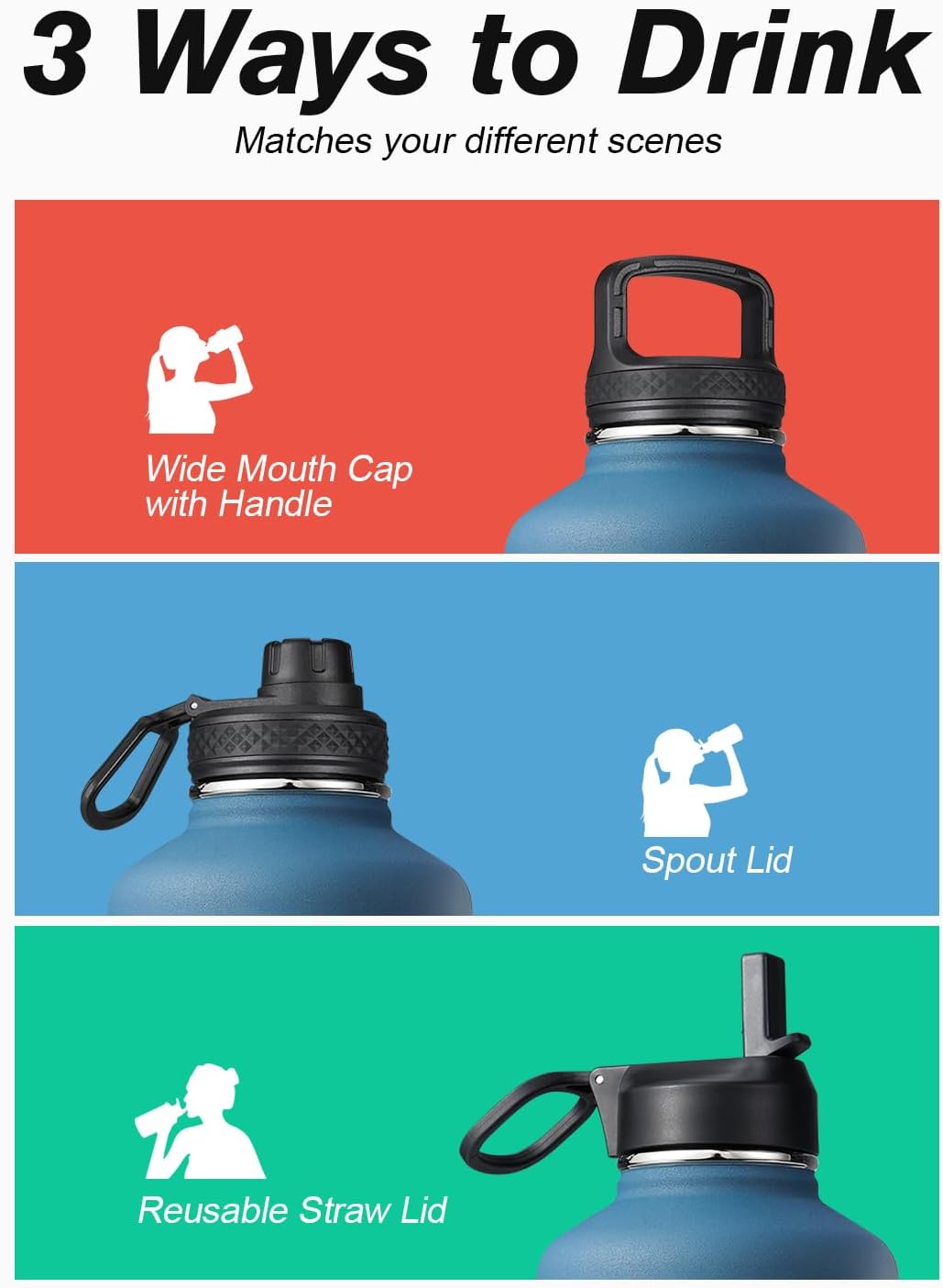 Detalle de Coolflask Long-lasting Insulated Water Bottle, 87 oz, Three Lids, Samurai Cyan