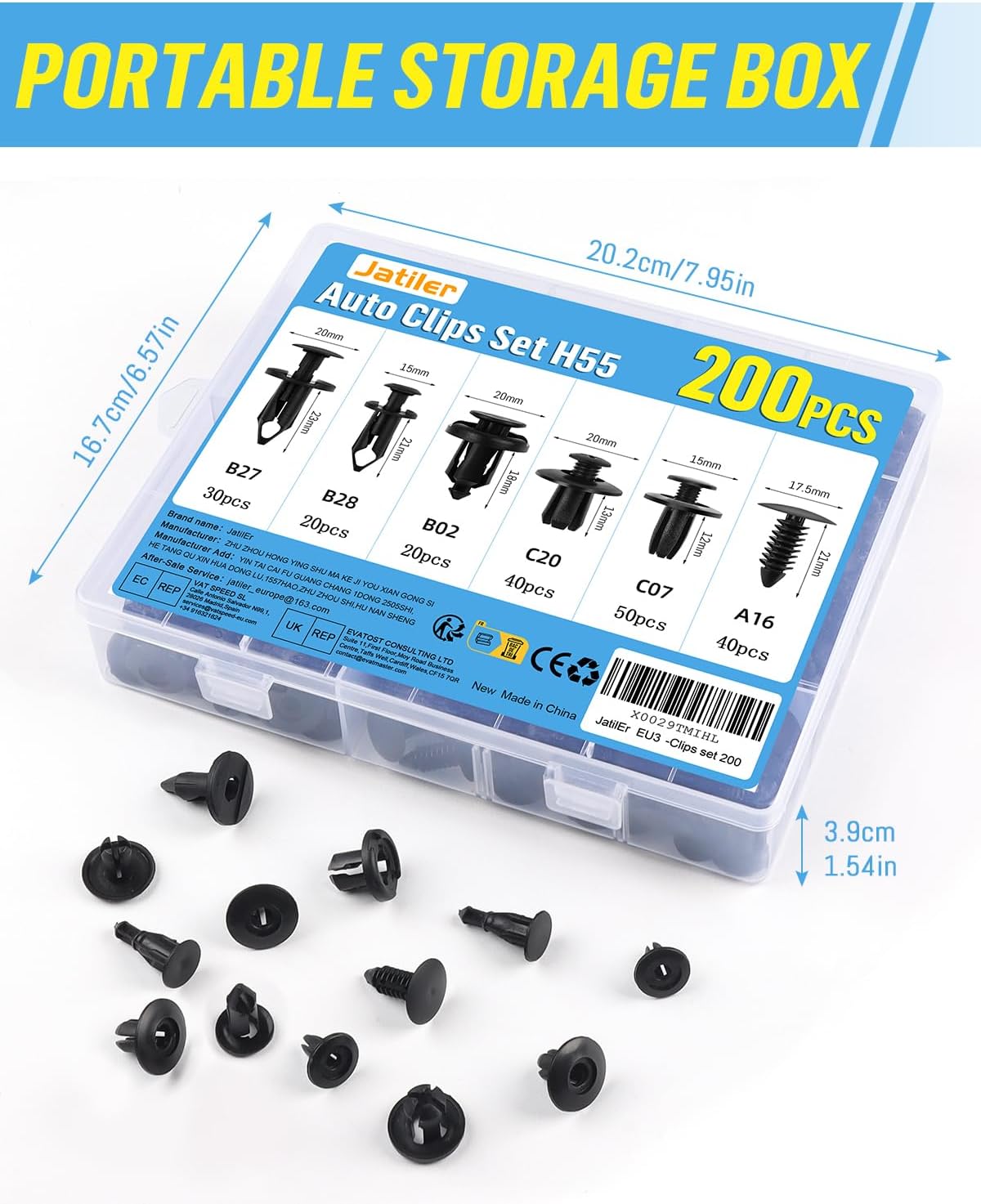 Thumbnail 6 de JatilEr 200 pcs Car Body Trim Clips kit (H55) with nylon push rivets in 6 sizes