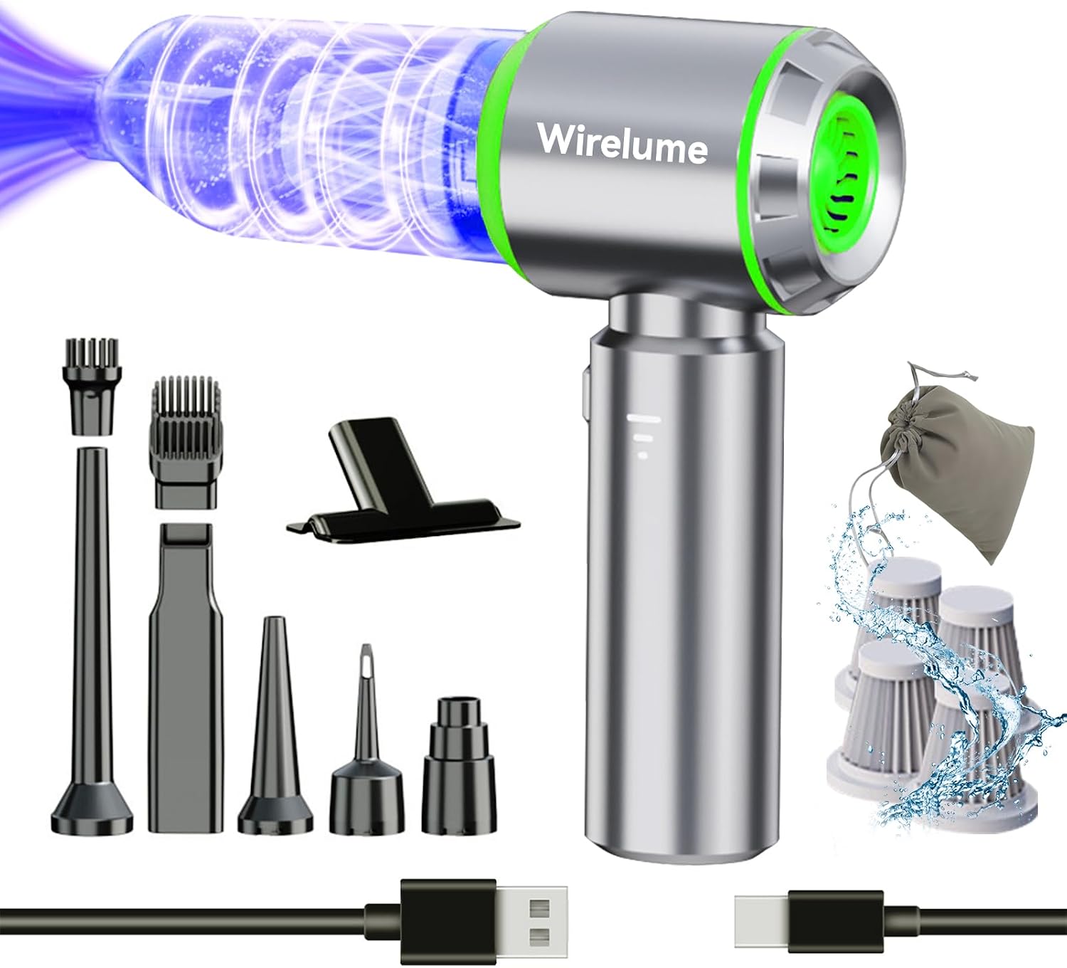 Detalle de Wirelume Green Sliver cordless handheld car vacuum, 22,000 Pa suction