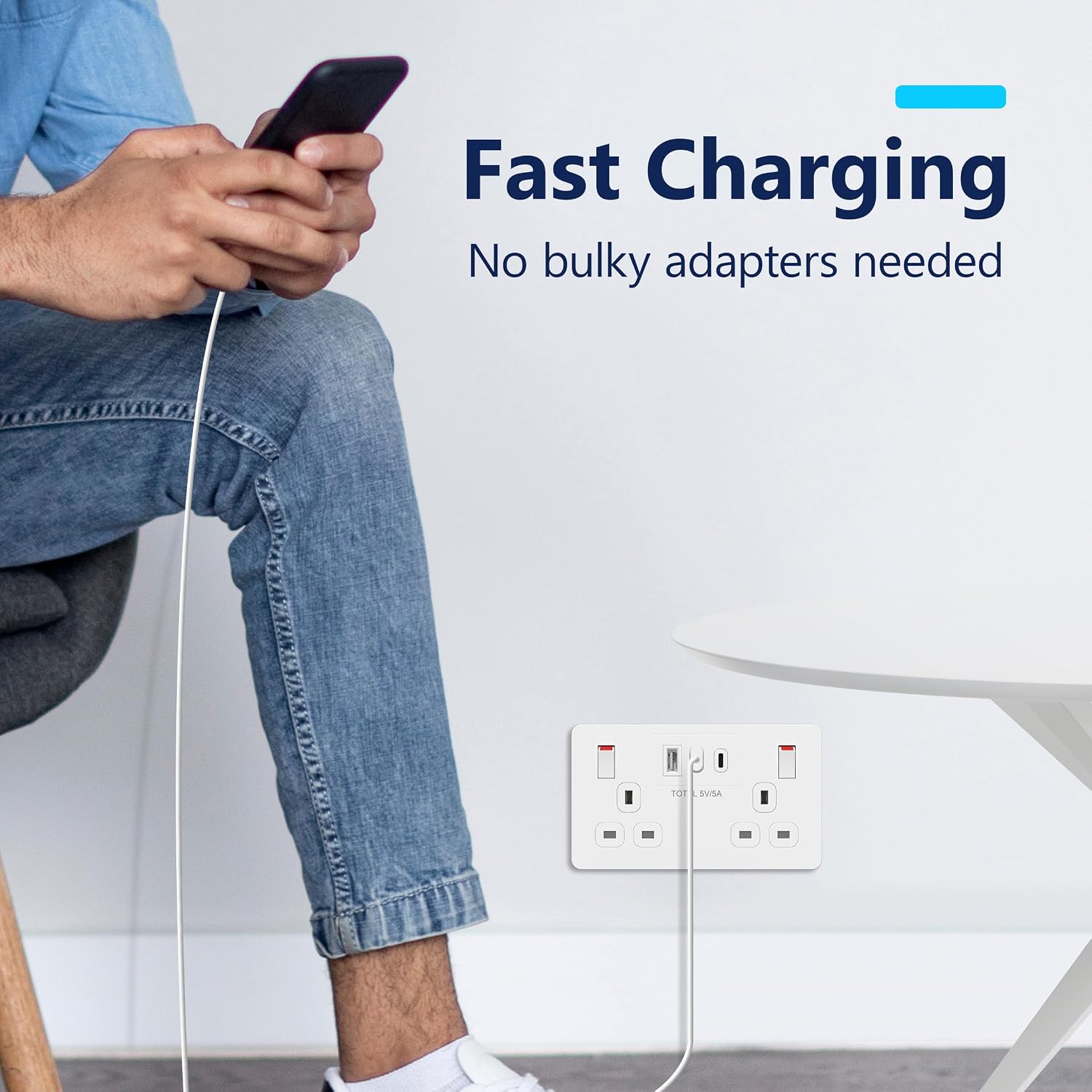 Detalle de LIDER 2-Gang Switched 13A Double Socket with USB Type C & A Charger Ports (25W) – White