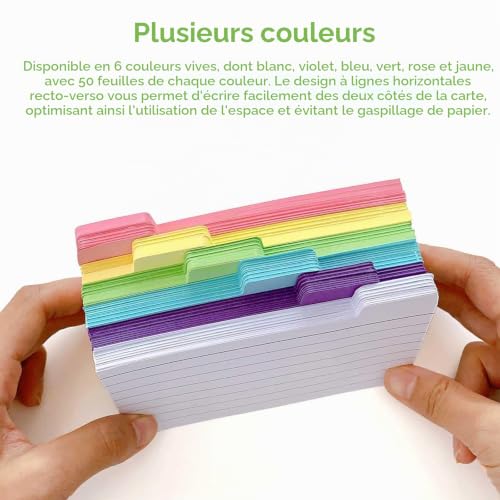 Detalle de Carte Vierge, 300 Pièces Flashcard SPRHR avec 6 Anneaux – Fiche de Revision 6 Couleurs (130 x 70 mm)