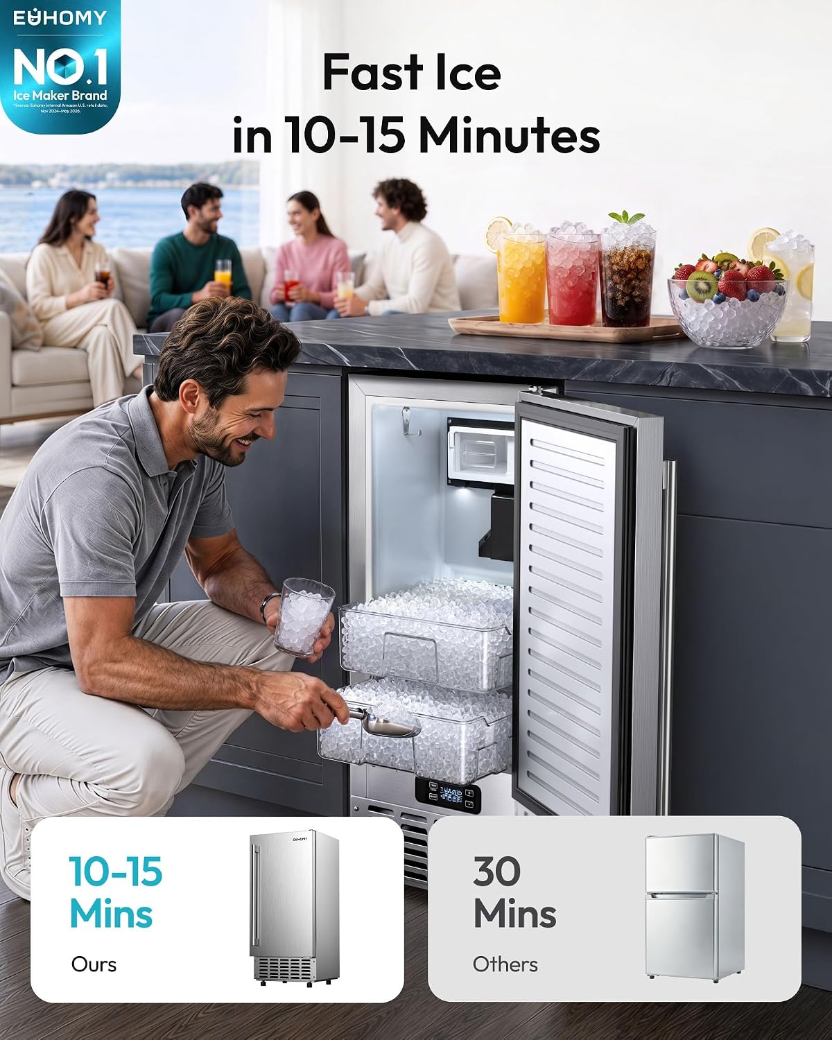 Detalle 2 de EUHOMY CIM007-0814 Nugget Ice Maker, 70 lb/day, Dual Baskets & 24-Hour Timer