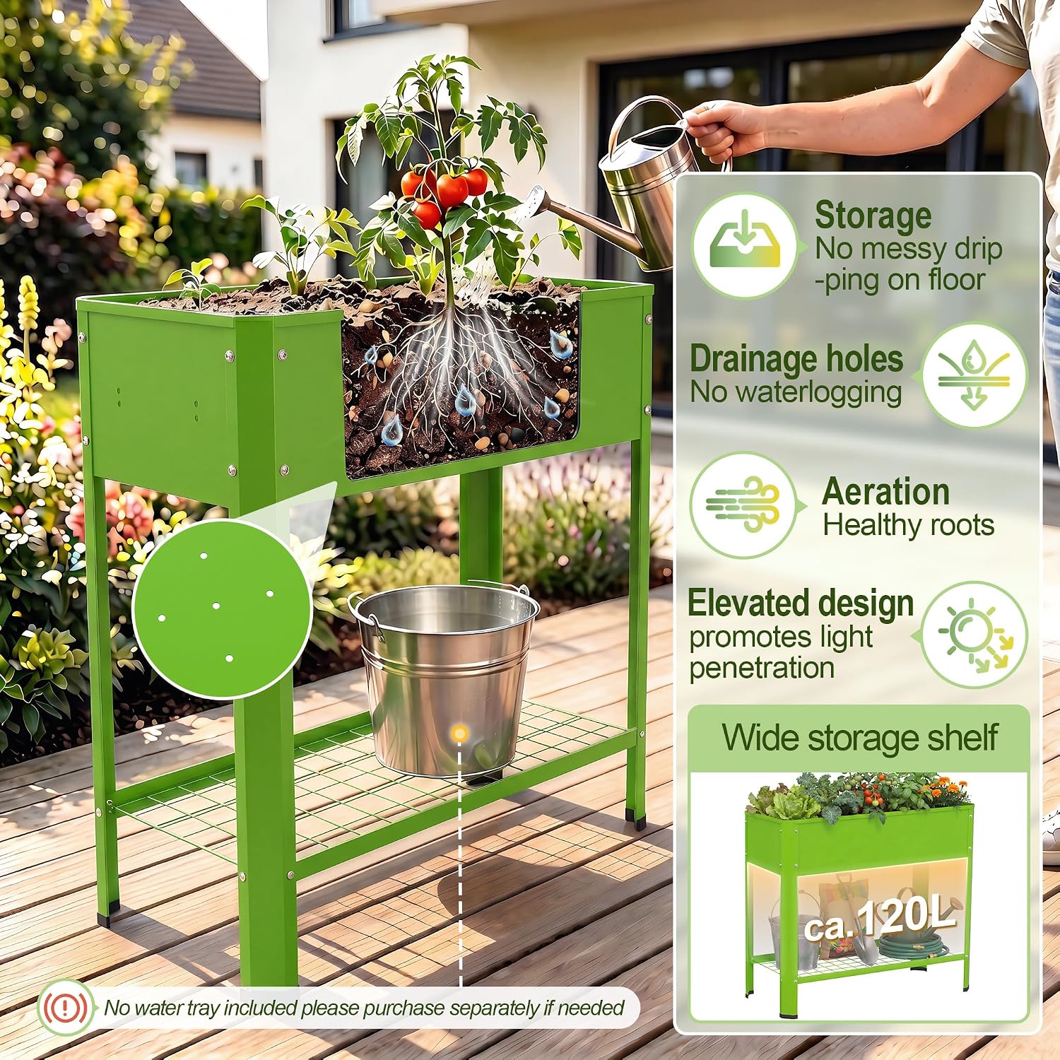Detalle 1 de UISEBRT Raised Bed with Shelf, Green Metal Planter, 80 x 35 x 80 cm