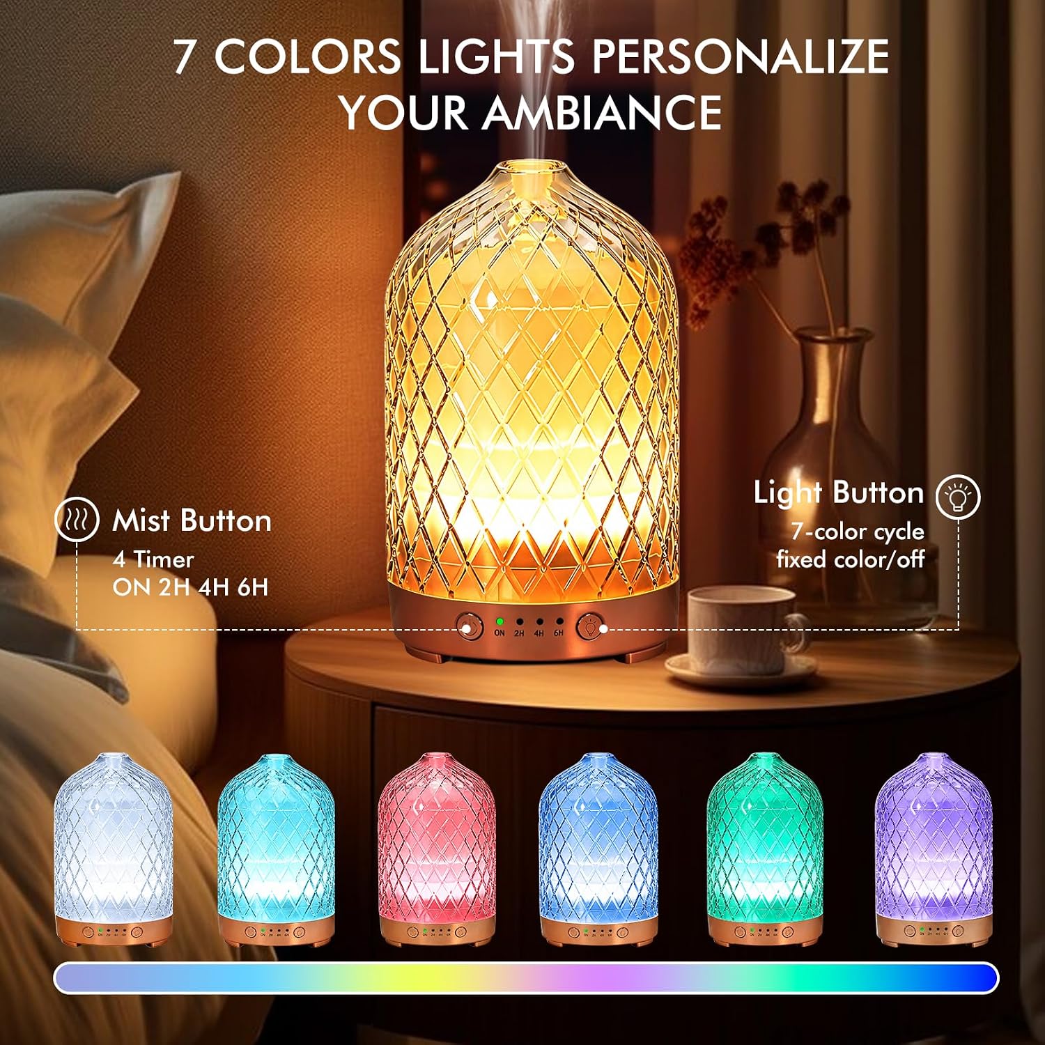 Detalle de Essential Oil Diffuser Glass Electric Aromatherapy Diffuser 200ml with Auto Shut-Off and 7 LED Lights