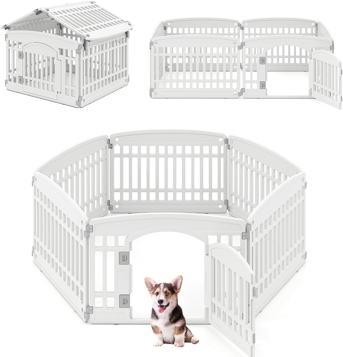 Detalle de Parc pour chien GOPLUS en plastique pliable – 6 panneaux, 129 x 65 x 81 cm, porte verrouillable, intérieur/extérieur, blanc