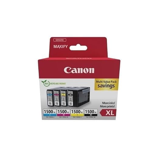 Detalle de Canon PGI-1500 XL CMYBK Pack de 4 Cartouches XL – Noir, Cyan, Magenta, Jaune (Certifié, Packaging Recyclable)