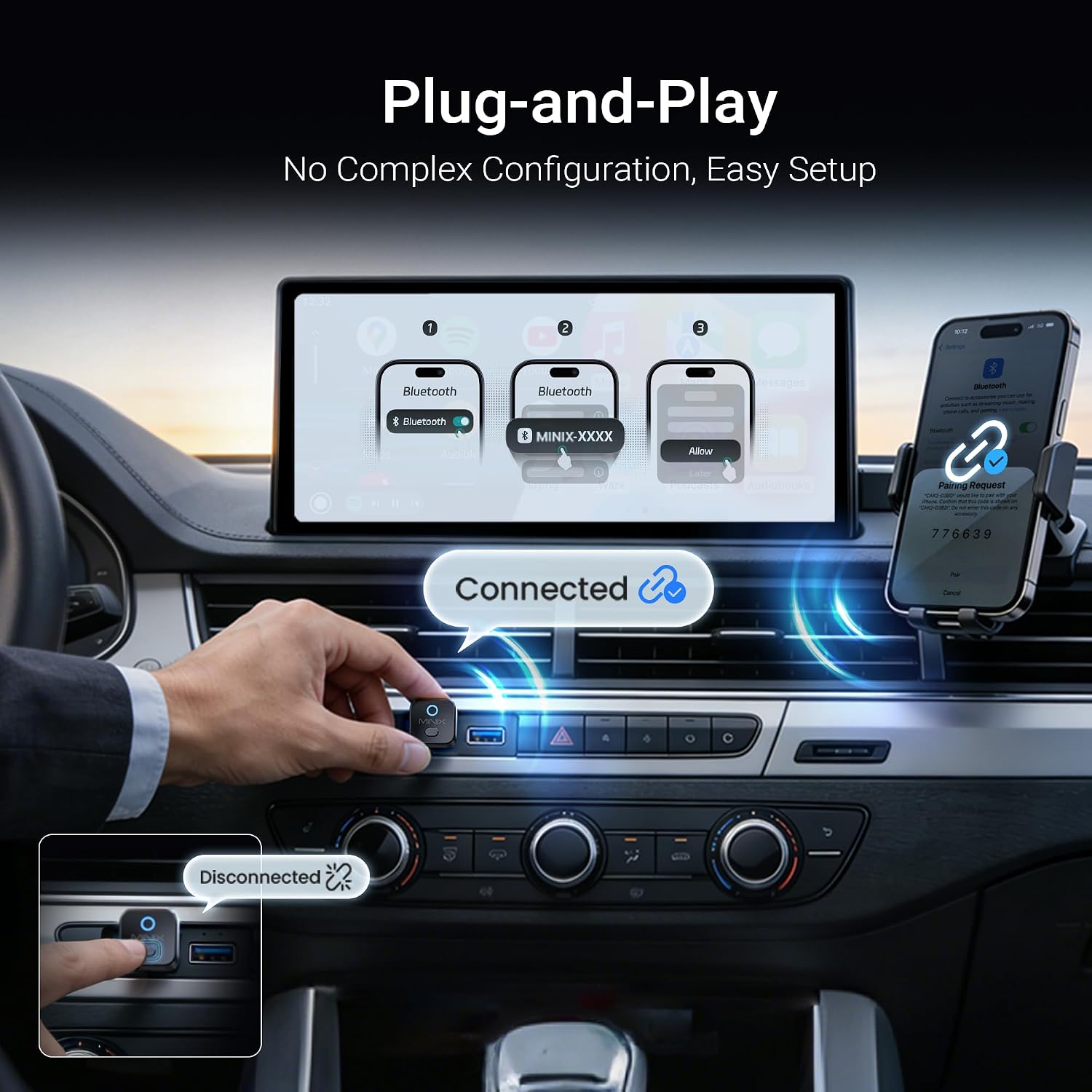 Detalle de MINIX CA525: Adaptateur CarPlay sans Fil 2-en-1 — CarPlay & Android Auto sans Fil en USB-C/USB-A