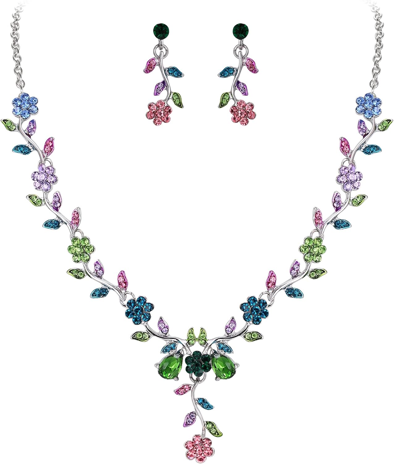 Clearine Donna Set gioielli matrimonio con foglia, cluster e cristalli: collana con ciondolo e orecchini pendenti