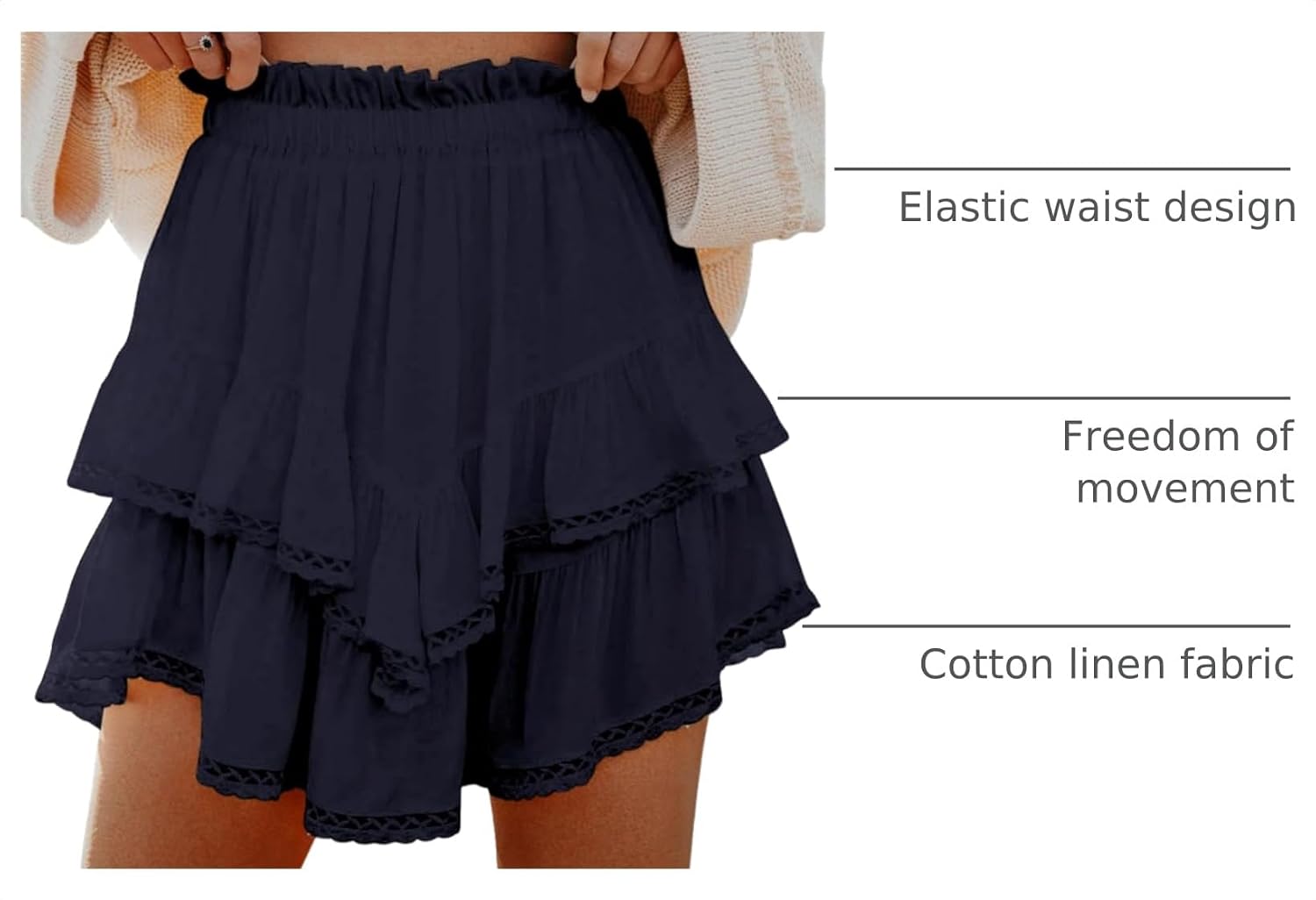 Detalle 2 de Aoudery Boho Fluid Shorts for Women with Layered Crochet Trim and High-Waist Skorts