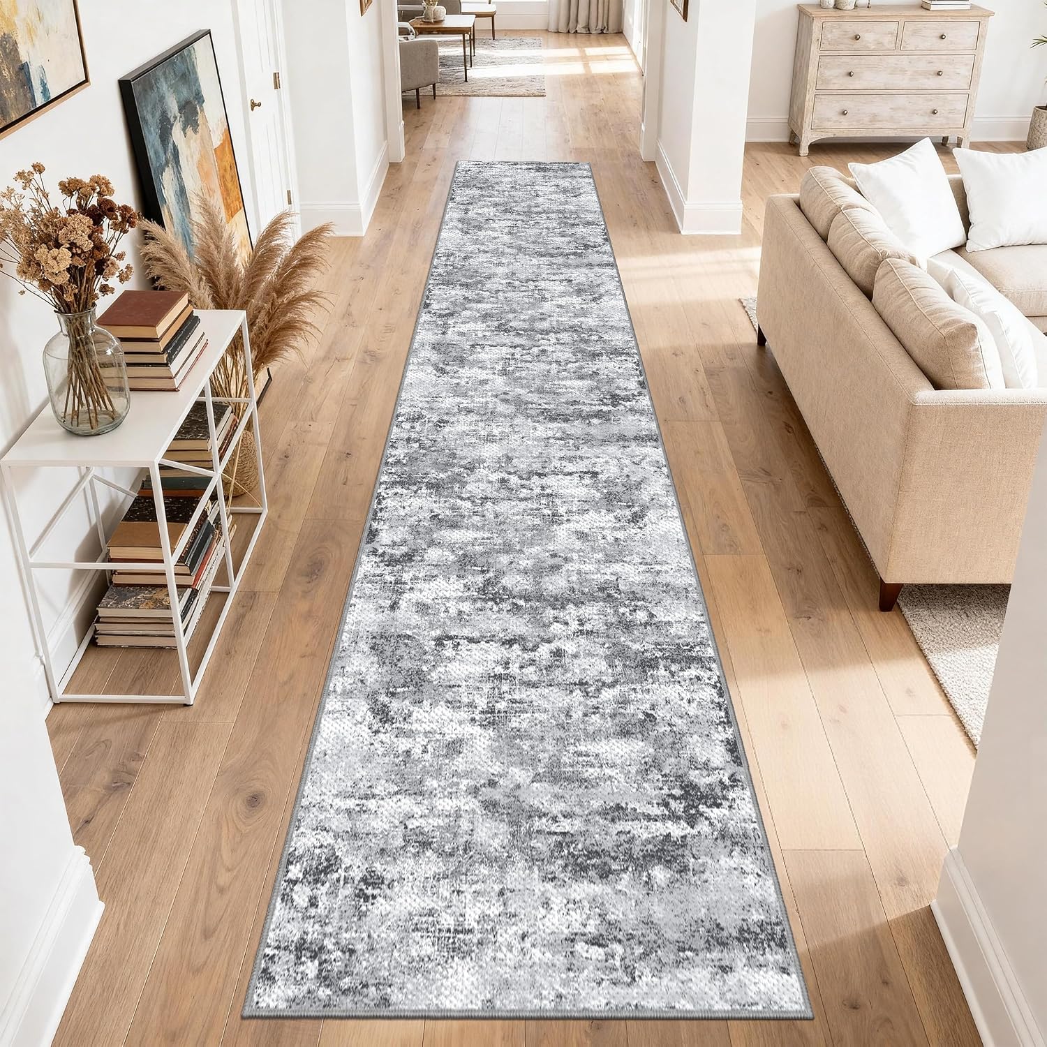 Detalle de TTelephant Nina 2.6 x 14 ft Runner Rug, Gray/White, Non-Slip Silicone Backing
