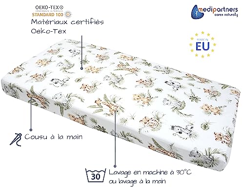 Detalle 2 de Medi Partners Drap Housse 60x120 pour Bébé – 100% Coton, ajuste sécurisé et douceur durable (Safari)