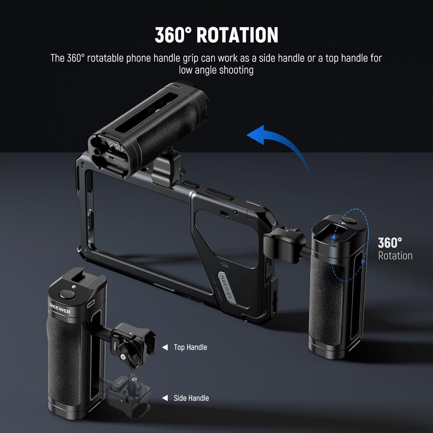 Thumbnail 3 de NEEWER Quick Release Side Handle with Bluetooth Remote Shutter – Contoured Grip for iPhone/Android Phone Cages (PA005E PRO)
