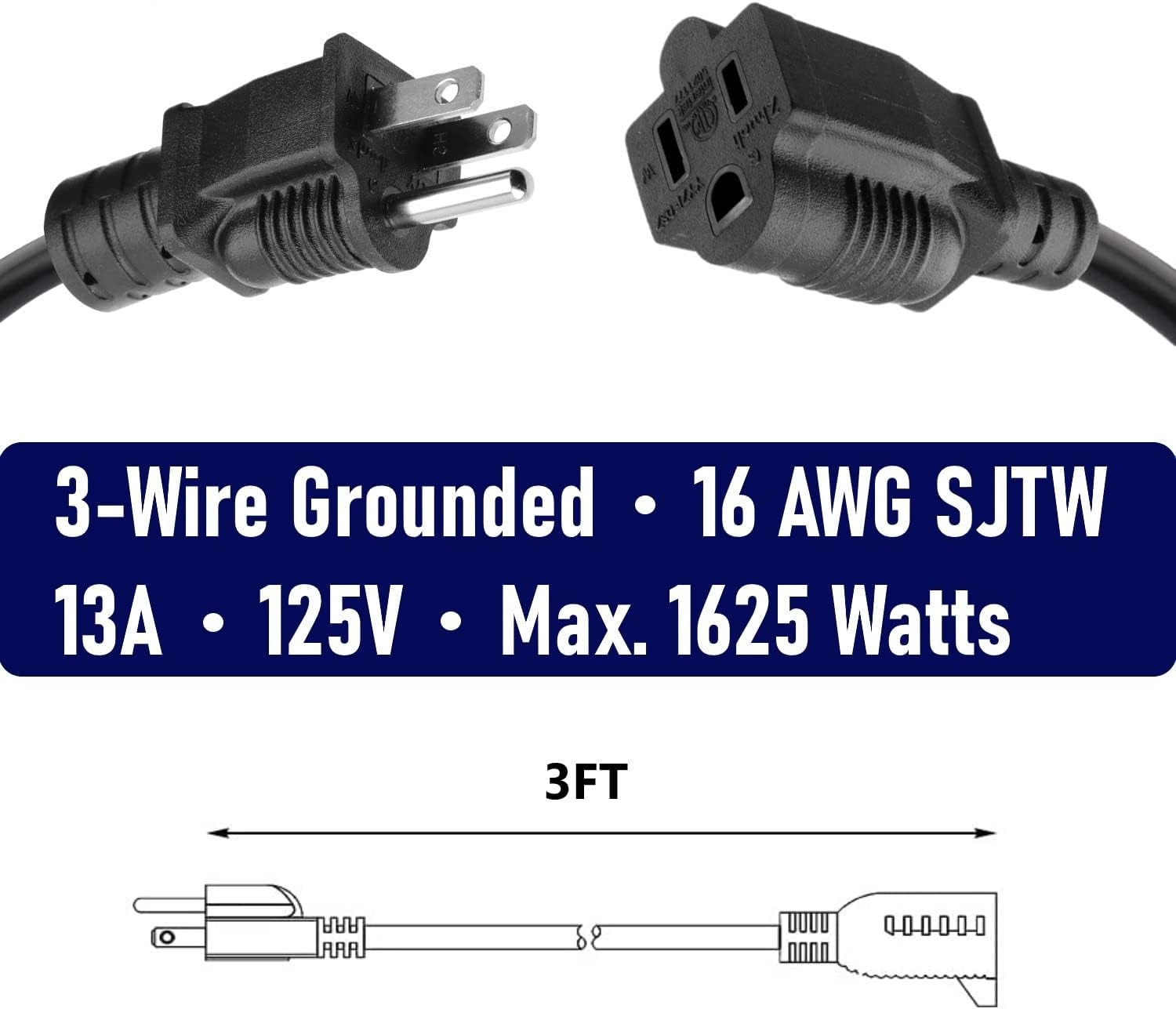 Thumbnail 1 de Belllights B-05 3-Foot 16 AWG SJTW 3-Prong Extension Cords, 2-Pack, ETL Listed