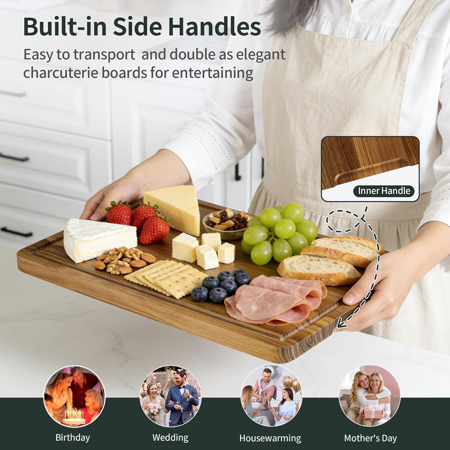 Detalle 2 de WILLKOMMEN Teak Wood Cutting Board, 40 x 28 cm with Juice Groove and Handles