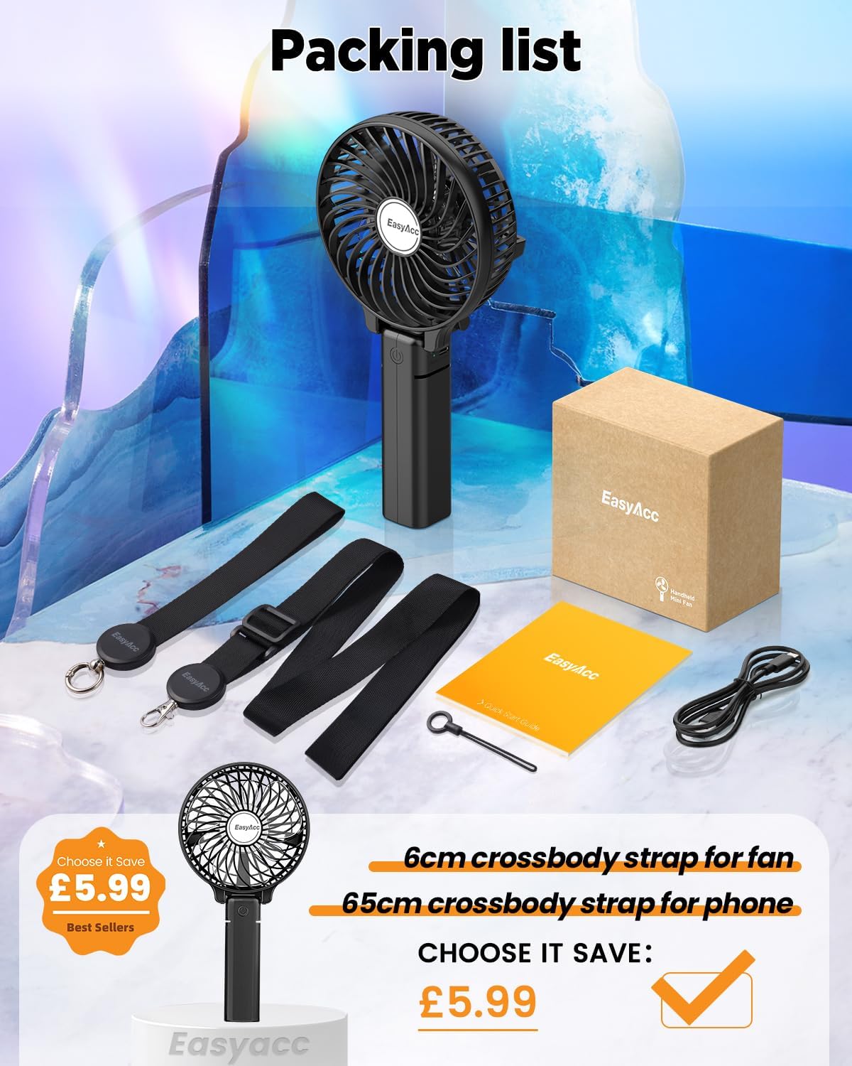 Detalle de EasyAcc EasyAcc Handheld Fan Portable USB Fan (180° foldable, rechargeable, 3 speeds) – Black