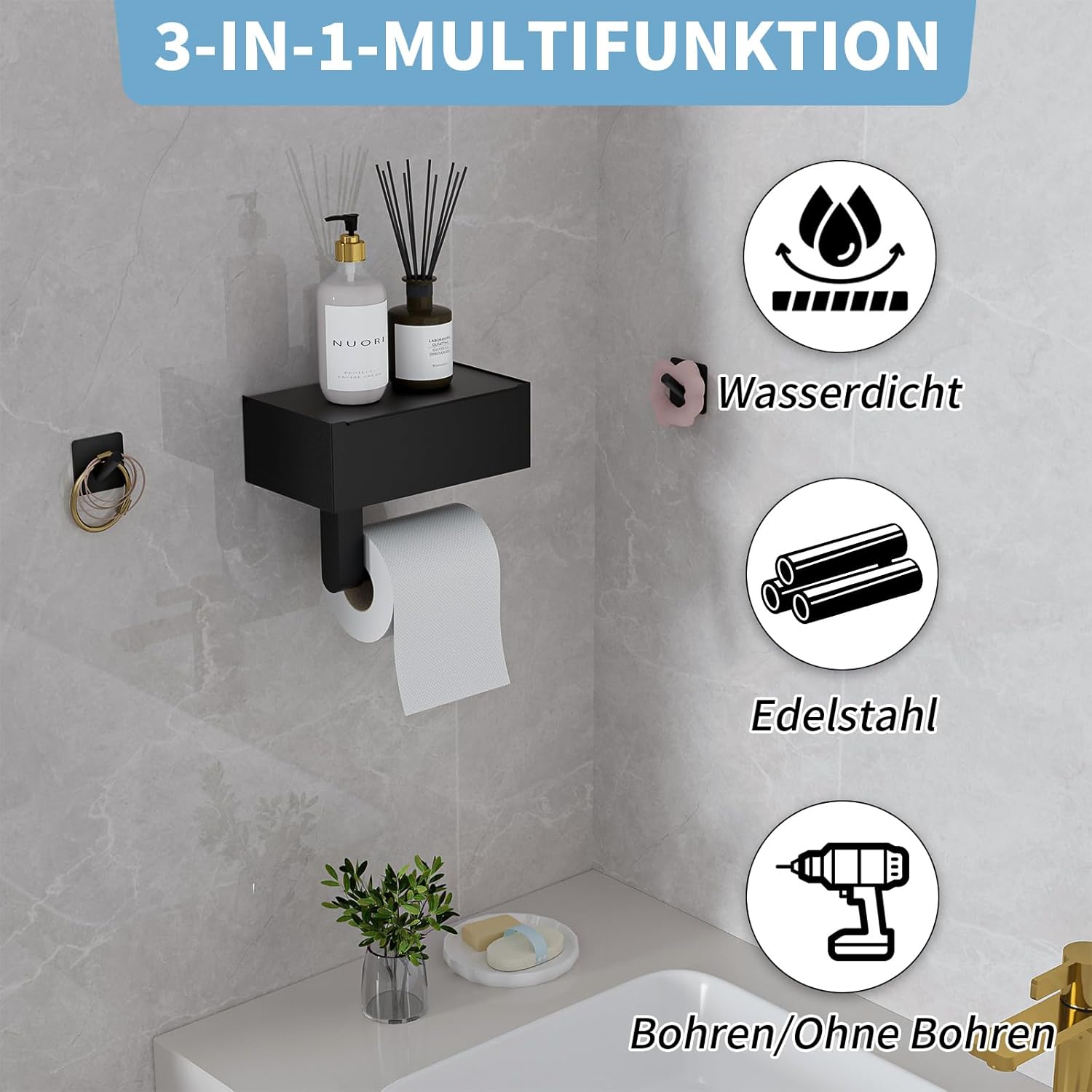 Thumbnail 2 de Heatigo Toilettenpapierhalter Schwarz mit Feuchttücherbox – ohne Bohren oder zum Befestigen, Edelstahl, 20,4 × 14 × 7,3 cm