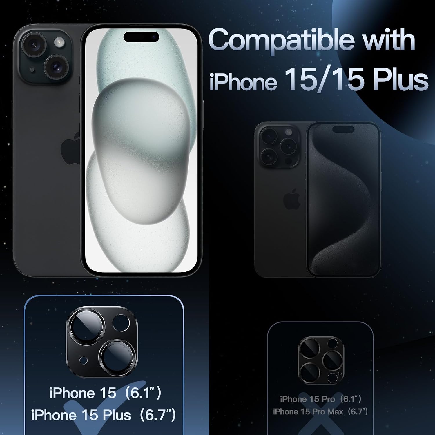 Detalle de JETech kameralinsskydd för iPhone 15/15 Plus, midnatt, 9H-glas