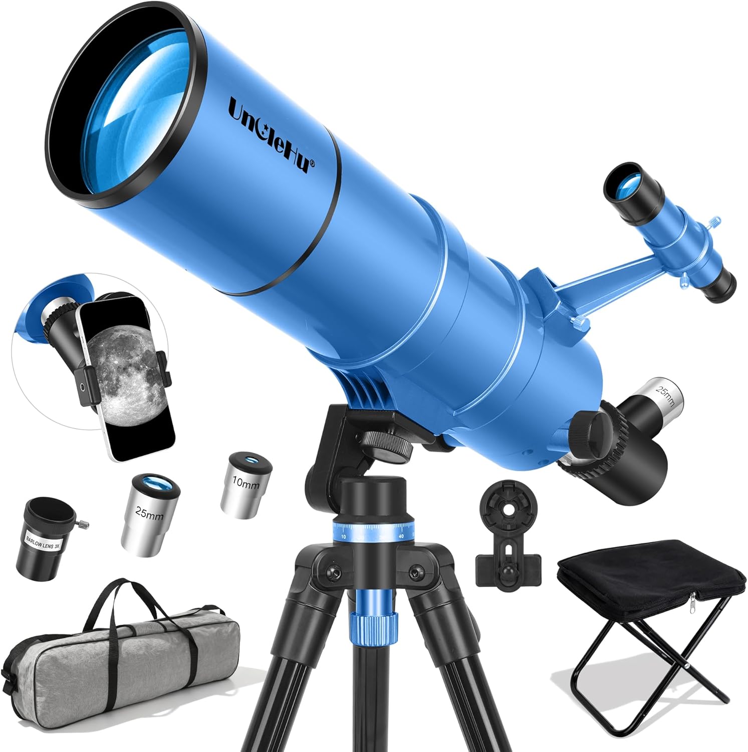 UncleHu Telescopio astronomico 90/550 mm con sgabello pieghevole, treppiede e adattatore smartphone, 22X-165X