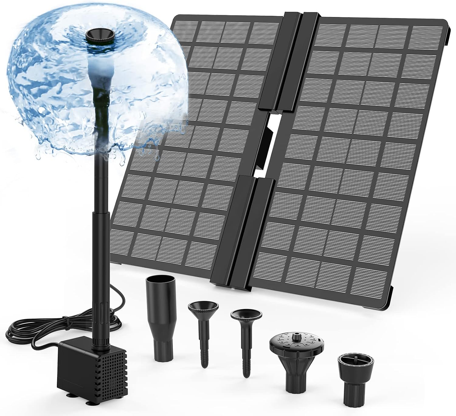 Detalle de AMZtime Solar Springbrunnen Außen 10W – Verstellbarer Ständer, 4 Düsen, Teichpumpe für Garten