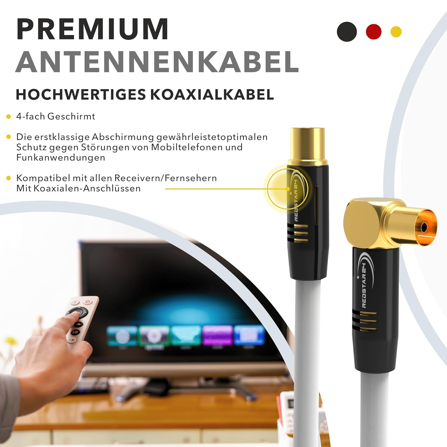 Thumbnail 2 de RedStar24 Antennenkabel 7,5 m Weiß – 90° IEC-Stecker, Koaxialkabel für HDTV und DVB-T/T2