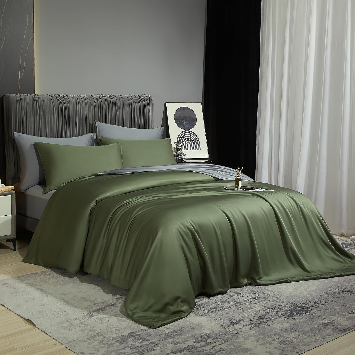 Detalle 2 de Luowei Bambus Bettwäsche 135x200 cm Dunkelgrün – Wendebettwäsche aus 100% Bambus Lyocell