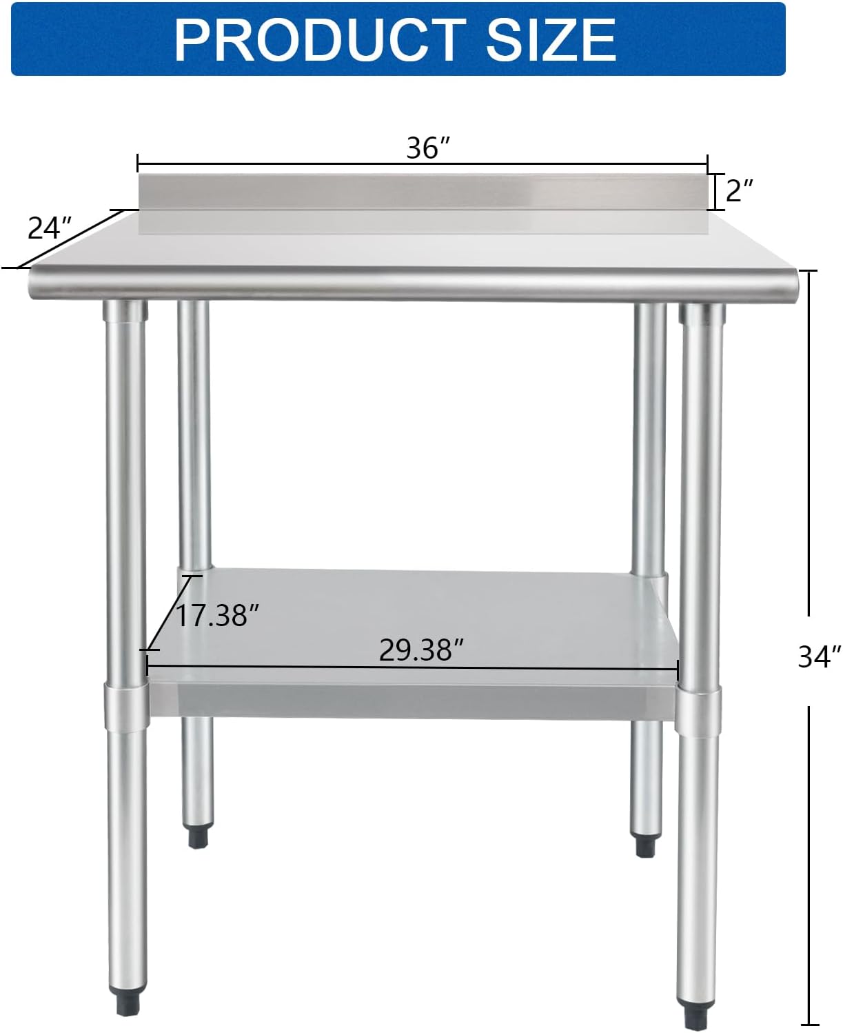 Thumbnail 1 de HARDURA Stainless Steel Table Prep & Work Table 24 x 36 Inches (NSF) with Undershelf and 2-inch Backsplash